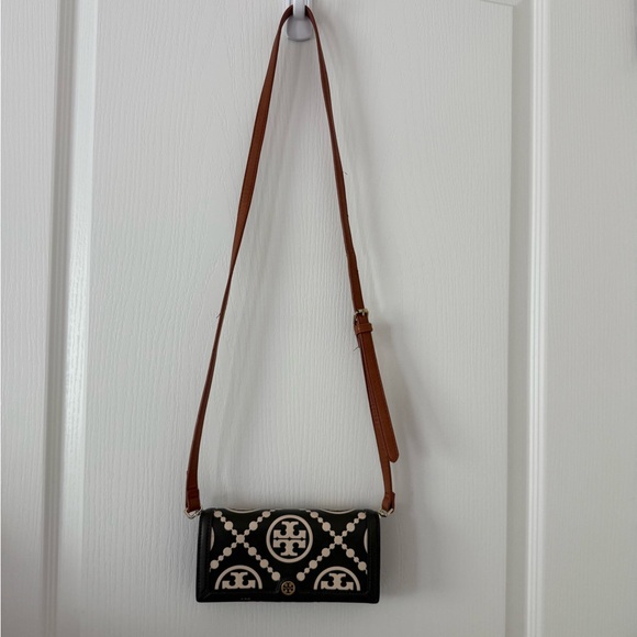 Tory Burch T Monogram Embossed Wallet Crossbody Bag Green Brown GeometricPattern - Picture 5 of 16